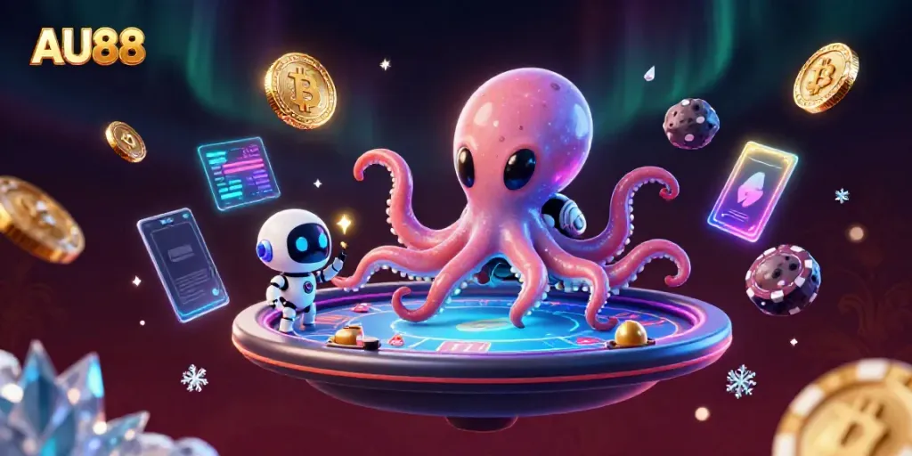 Engage with AU88's thrilling 3D alien casino scene featuring poker and crypto elements.