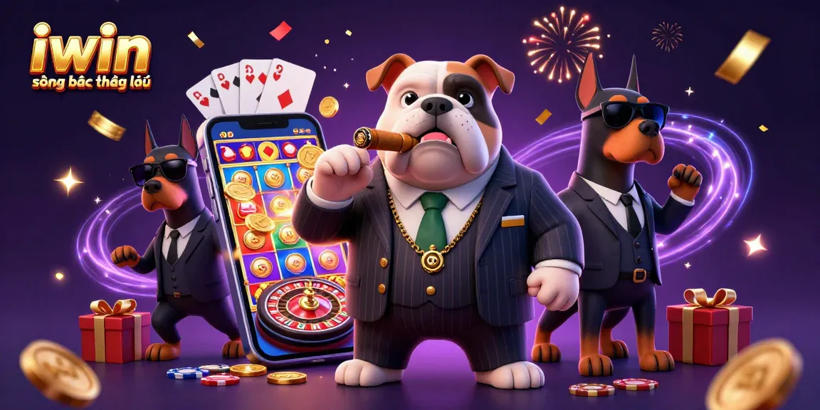 Experience thrilling action at iwin sòng bạc thượng lưu with an engaging 3D illustration featuring a mafia bulldog and Doberman bodyguards.