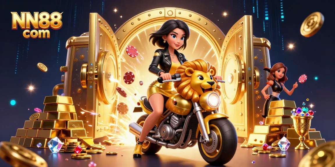 Experience the thrill with NN88 com as you ride a golden lion through vibrant casino treasures.