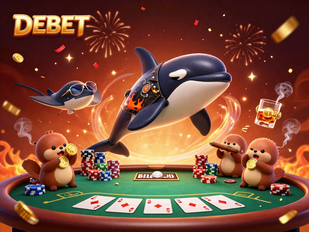 Join DEBET for a thrilling poker experience with a lively orca, stingray, and otters!