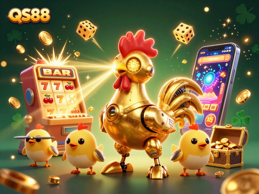 Experience winning with QS88 at the casino, featuring a playful golden rooster and baby chick drones.