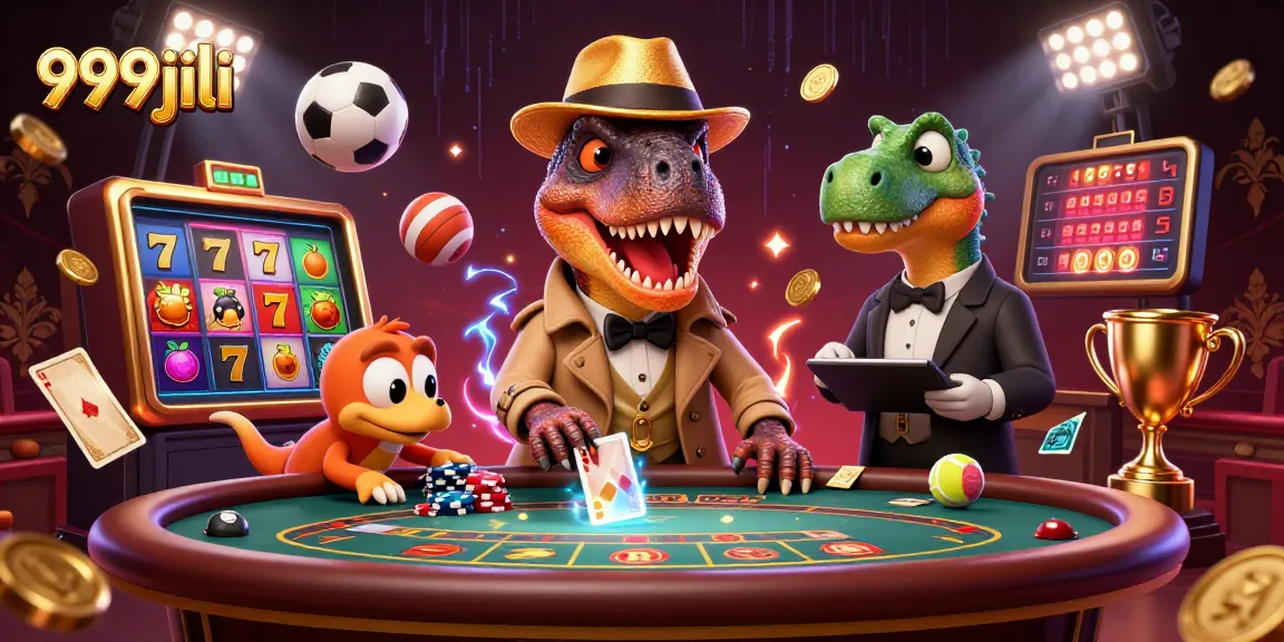 Experience thrilling gaming at 999jili with a cartoon velociraptor card counter and exciting casino elements.