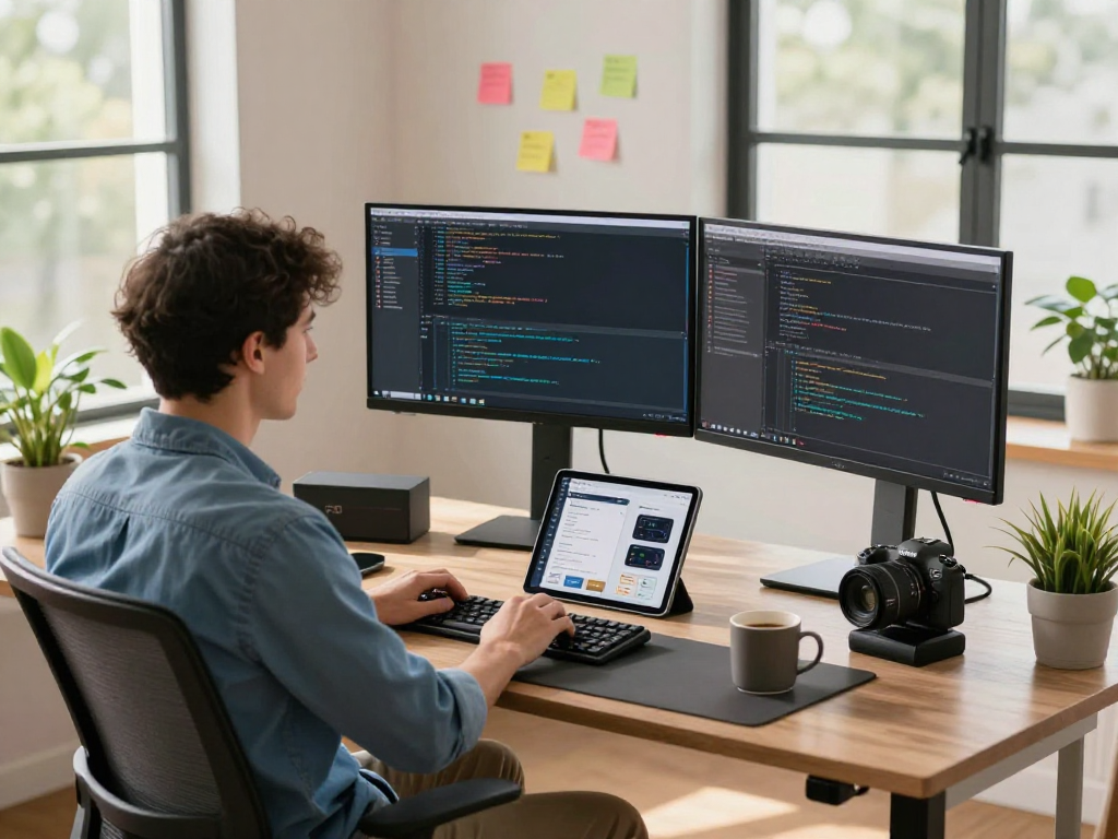 Developer at https://net88.se.net creating code in a modern workspace with dual screens and vibrant decor.