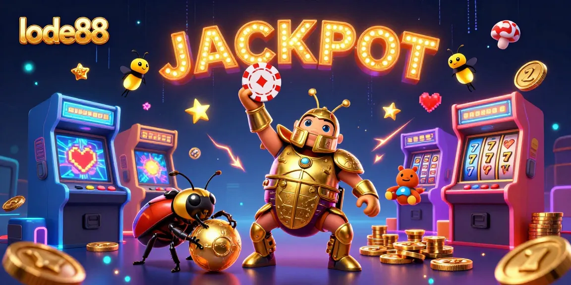 Experience the excitement with lode88 as cartoon beetles celebrate a jackpot in a vibrant casino scene.