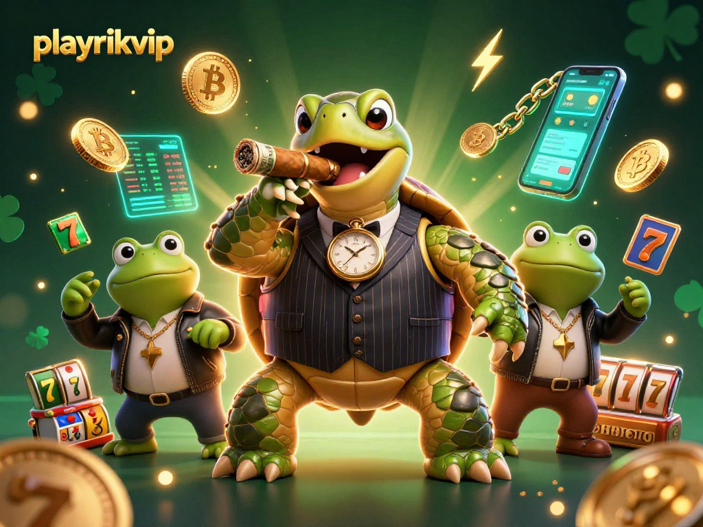 Engage with the playrikvip themed casino experience featuring a 3D turtle in a mobster suit.