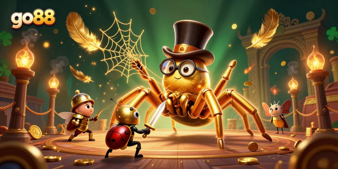 Experience the thrill of go88 casino with a vibrant, animated scene showcasing a brave knight and a golden tarantula.