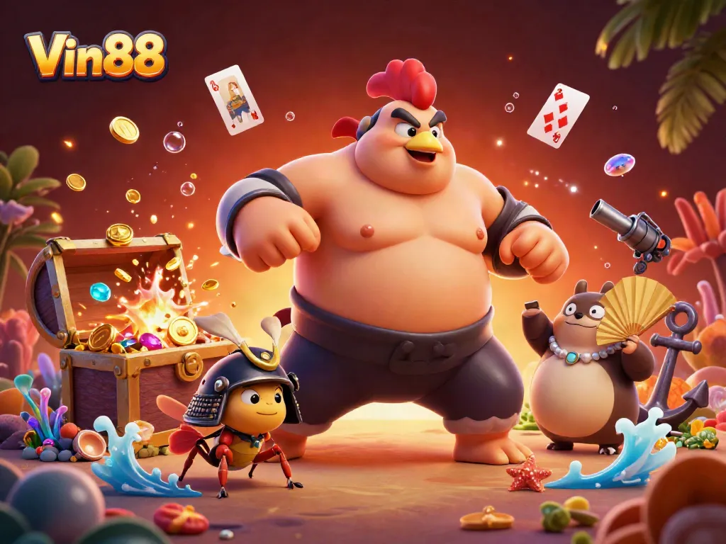 Experience Vin88's thrilling gameplay with a dynamic, lively casino scene featuring powerful characters and vibrant treasures.