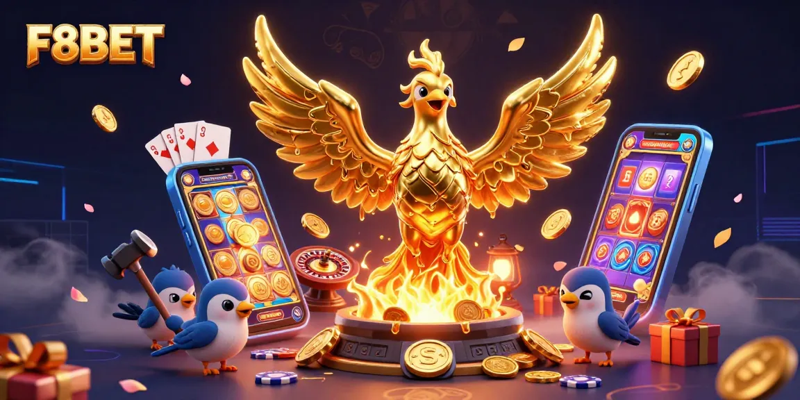 F8BET brings excitement to the casino with a molten phoenix and vibrant gaming elements in a dynamic scene.