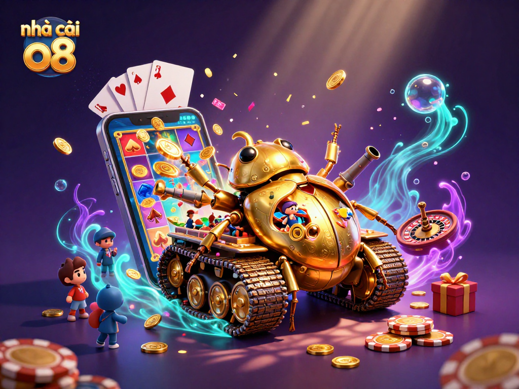 Experience the excitement of nhà cái o8 with a vibrant 3D casino illustration featuring games and fun elements.
