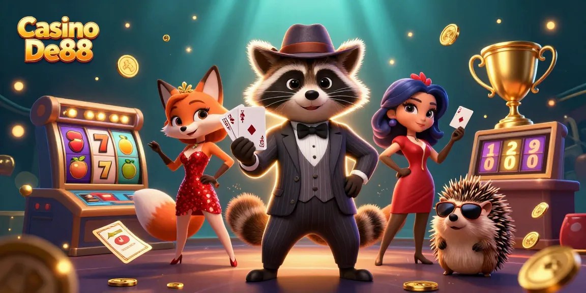 Engage with Casino De88 as a stylish raccoon shows a royal flush amidst vibrant slot elements