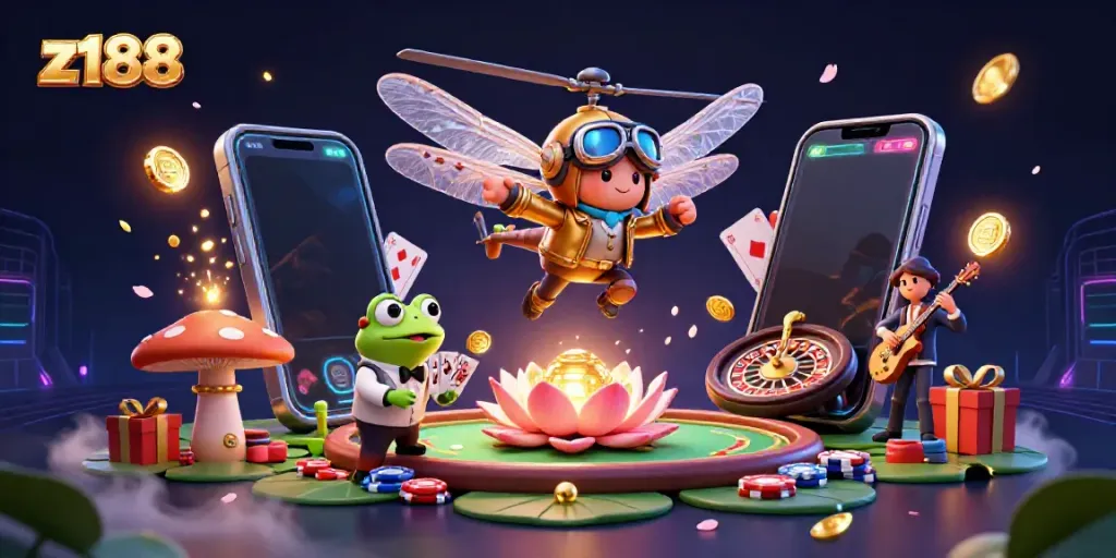 Z188 showcases a dynamic scene with a charming dragonfly pilot, a frog croupier, and musicians amidst vibrant casino elements.