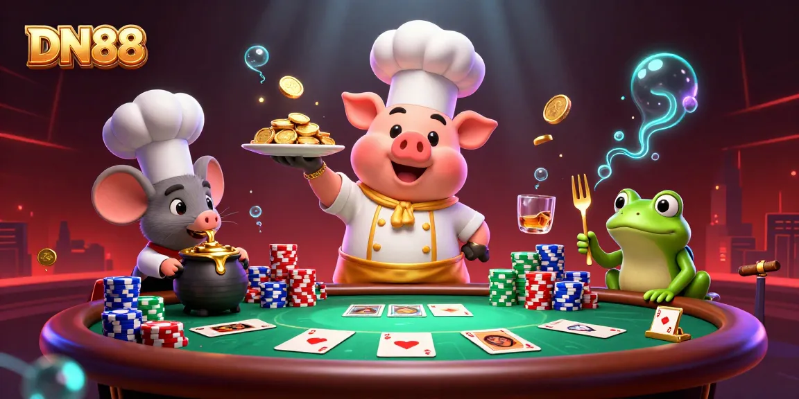 Play at DN88 with the chef pig serving gold while poker chips stack high and excitement fills the air.