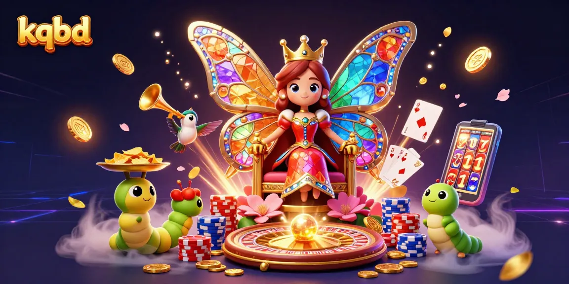 Engage with kqbd's vibrant casino world led by a butterfly queen amidst sparkling treasures and game elements.