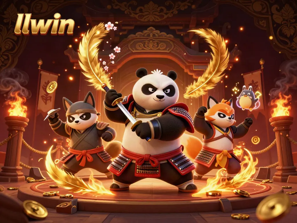Engage in exciting gameplay with llwin, featuring a fierce panda samurai and ninja fox in action.