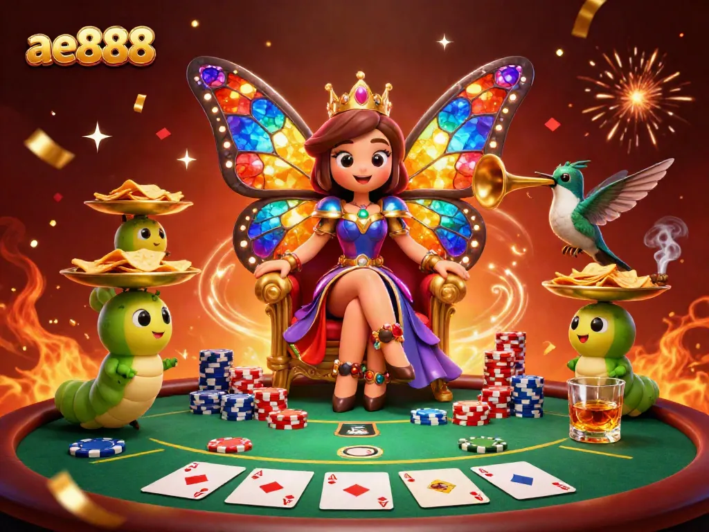 Experience excitement at ae888 with vibrant casino elements and a magical butterfly queen in a festive scene.