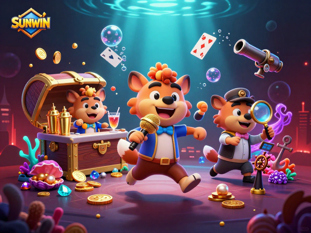 Experience the excitement of SUNWIN casino with lively hyenas in a vibrant gaming atmosphere.