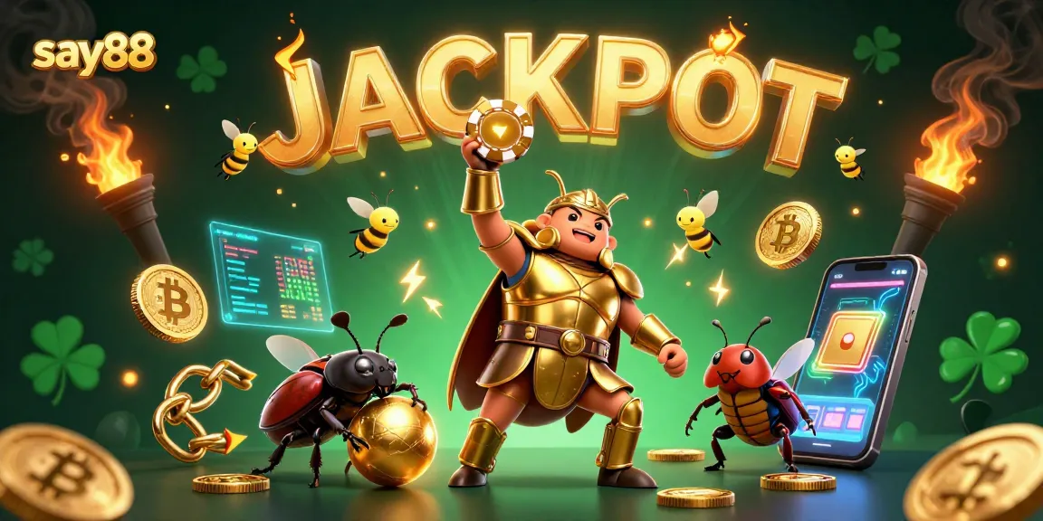 Experience the thrill of say88's victory scene with cartoon heroes lifting chips and celebrating jackpots.