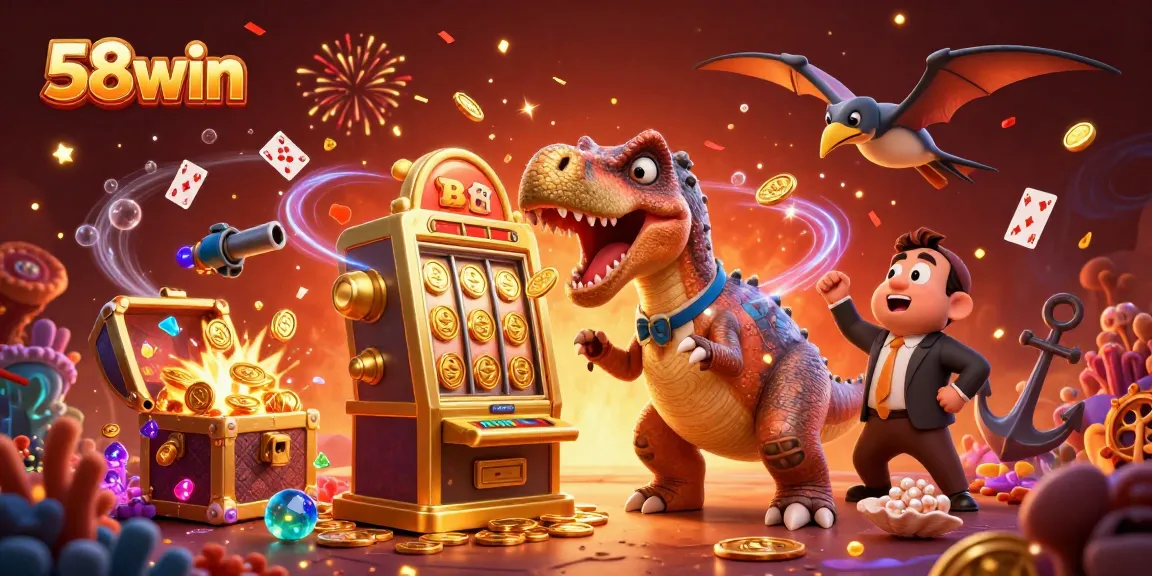 Experience thrilling wins at 58win with cartoon characters celebrating jackpot coins and slot action.