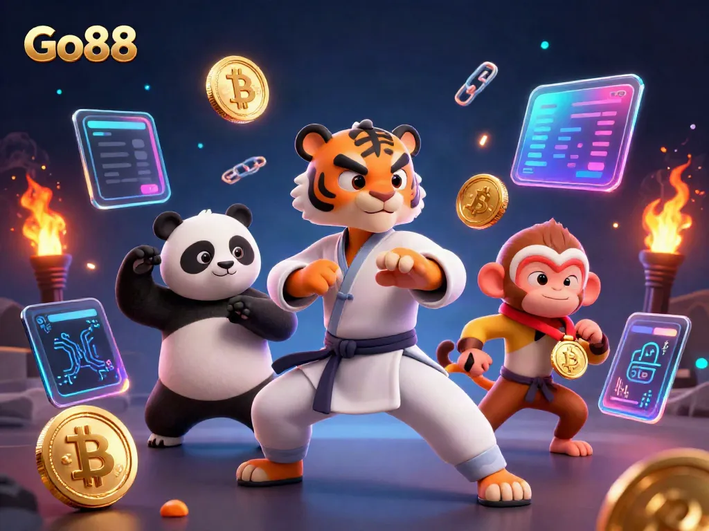 Experience thrilling gaming with Go88 where a kung fu tiger, panda, and monkey interact in a vibrant casino setting.