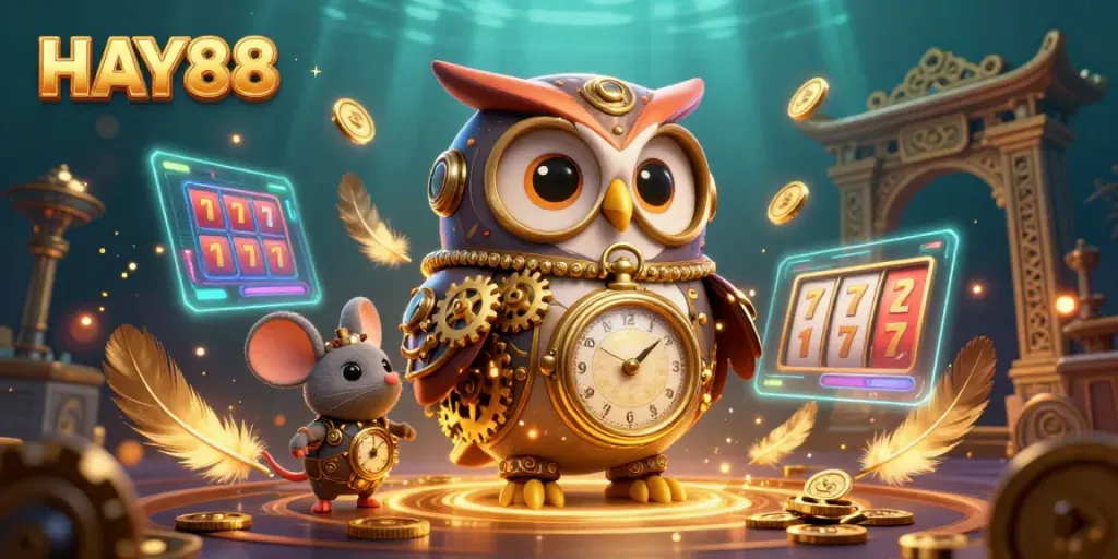 Engage with HAY88's vibrant casino experience featuring 3D characters amidst slot reels and golden coins.