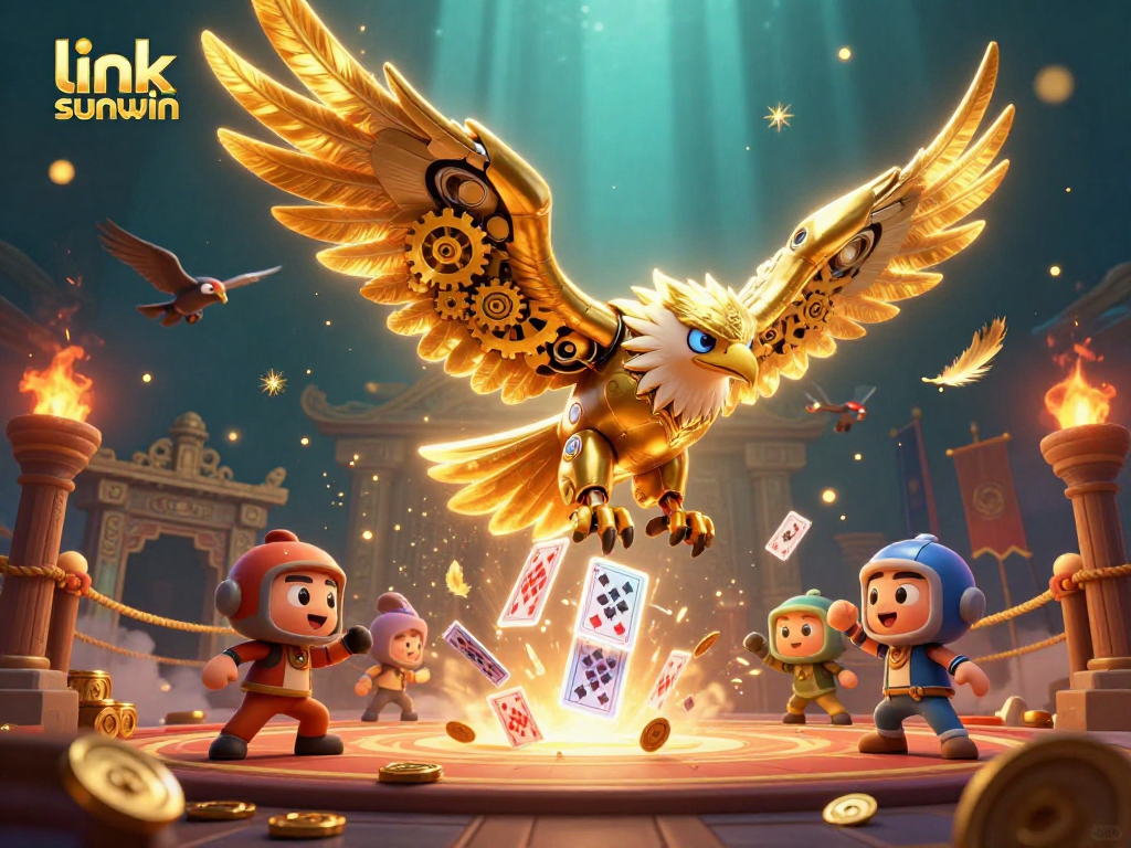 Engage with the thrilling action of link sunwin as cybernetic eagle dives through cards in an exhilarating casino scene.