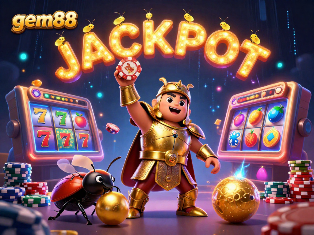 Experience gem88's thrilling jackpot victory with vibrant casino elements and dynamic characters.