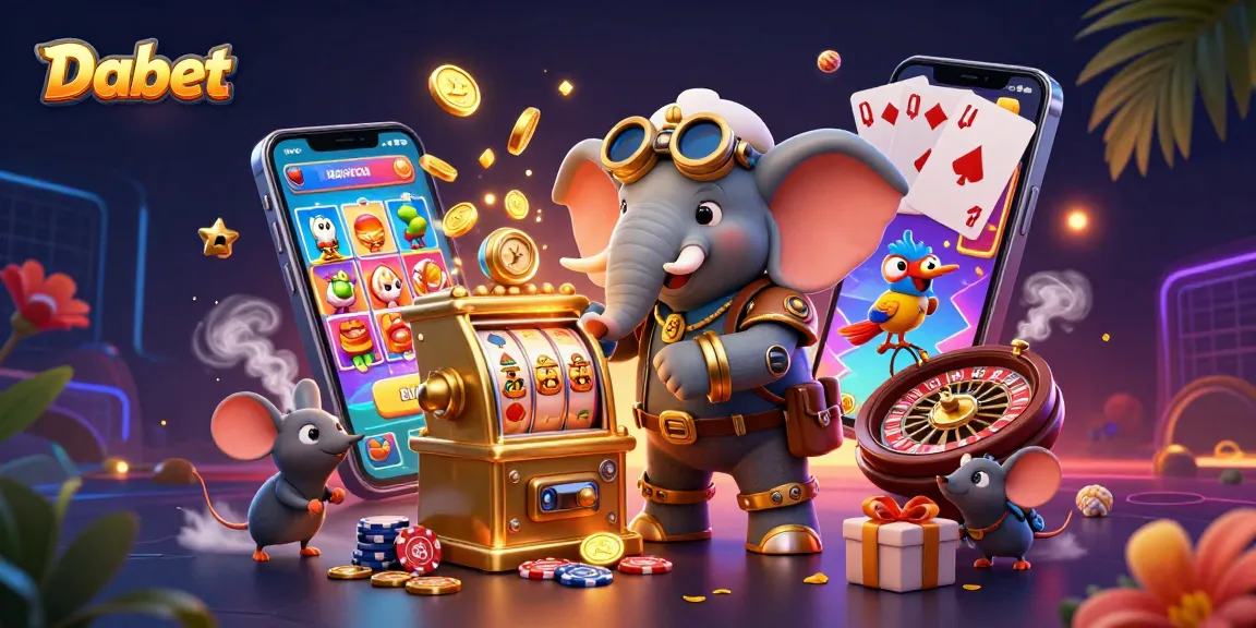 Dabet players revel in winning with a dynamic steampunk elephant operating a colorful slot machine surrounded by vibrant coins and cards.
