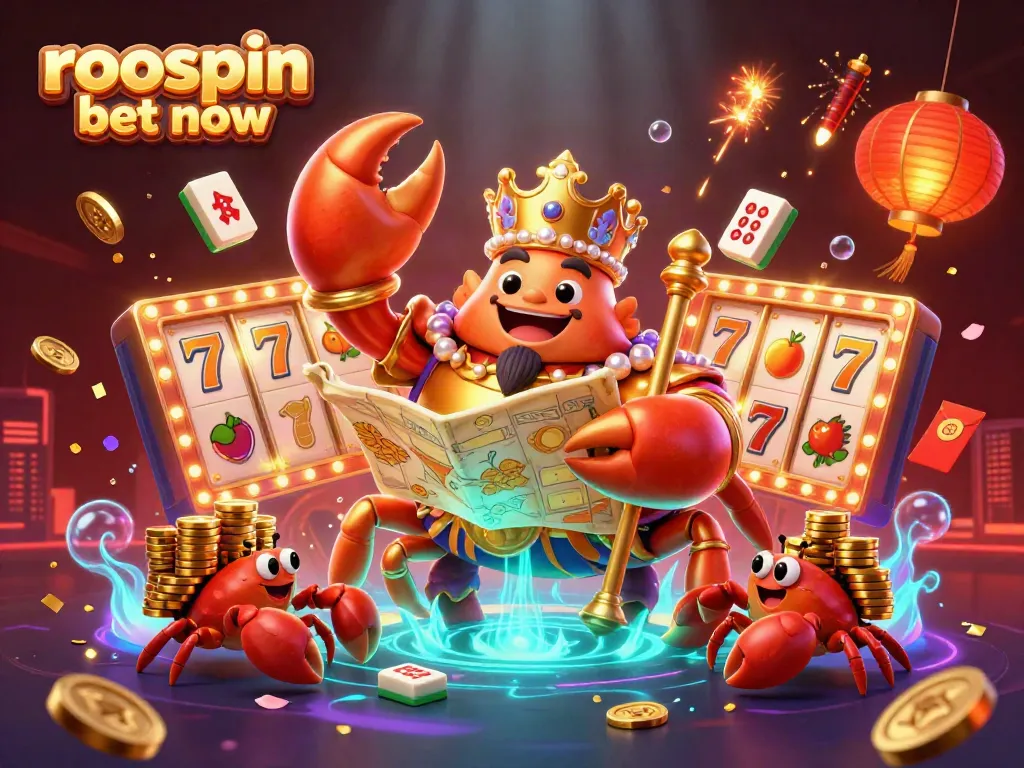 Experience excitement with roospin bet now in this vibrant, golden crab-themed casino illustration.