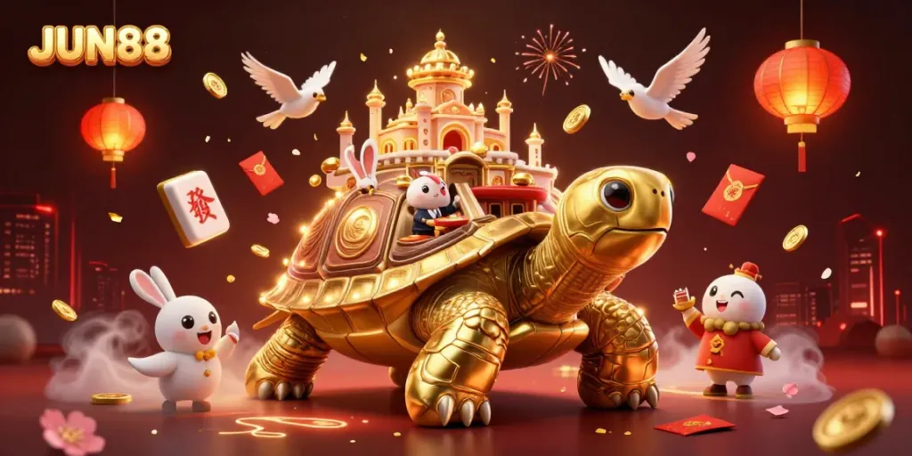 Experience the excitement of JUN88 casino with a vibrant 3D illustration featuring a golden tortoise and festive elements.