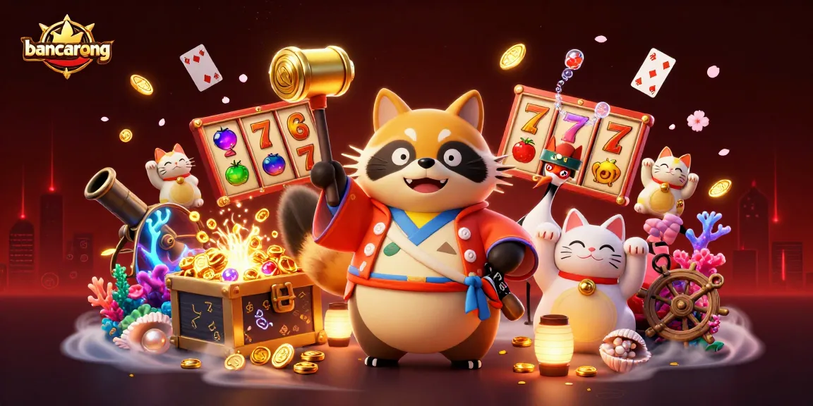 Bancarong's vibrant scene showcases a tanuki and crane amidst exciting slot game elements, maximizing your luck.