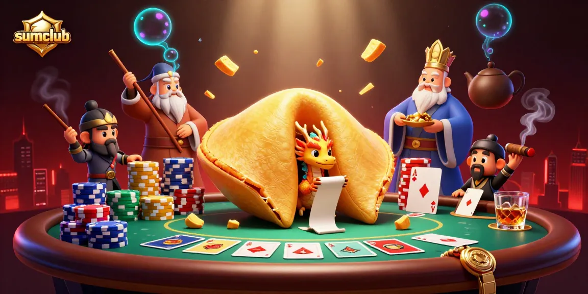 Experience thrilling gambling action at sumclub with a captivating scene of fortune cookies and poker chips.