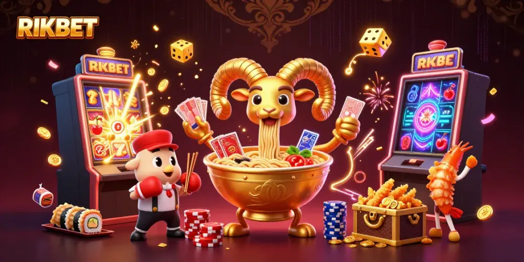 Experience the excitement at RIKBET with a vibrant 3D gambling scene featuring animated characters and a jackpot.