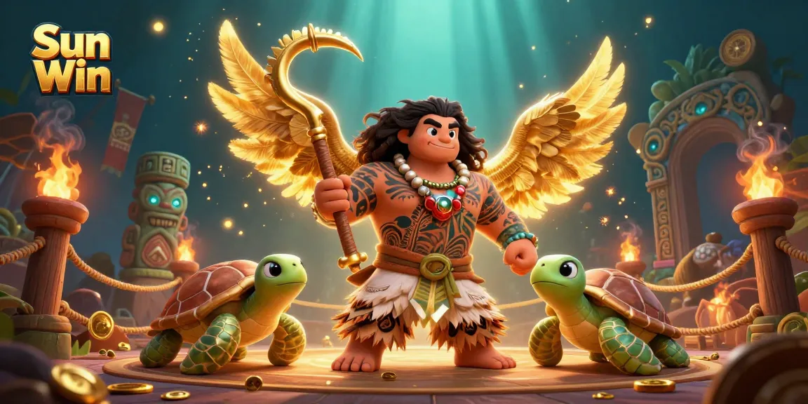 Sun Win showcases a dynamic 3D illustration of a demigod hawk and turtle among vibrant casino elements.