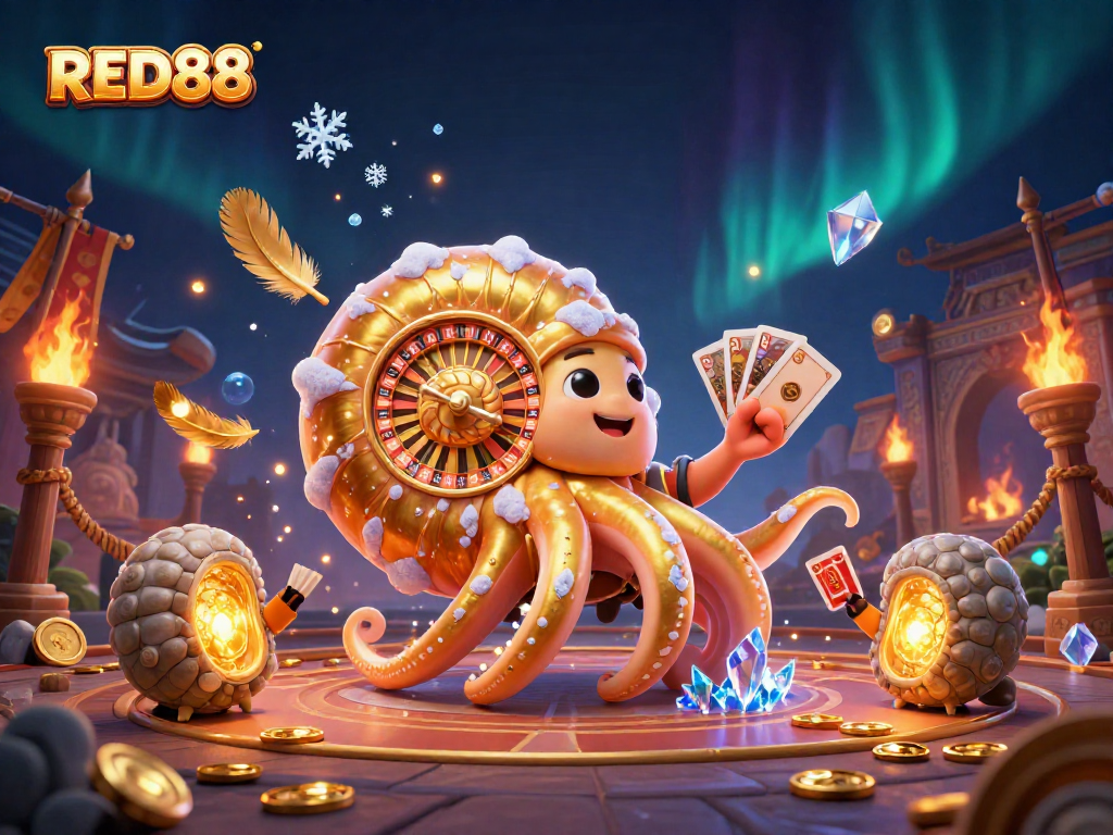 Play exciting casino games at RED88 featuring a giant nautilus and glowing ammonite companions.