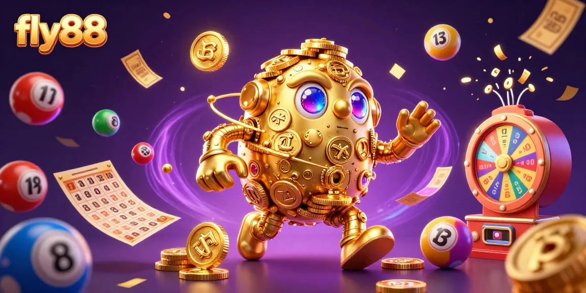 Play exciting games at fly88 with a vibrant scene full of lottery balls and casino elements.