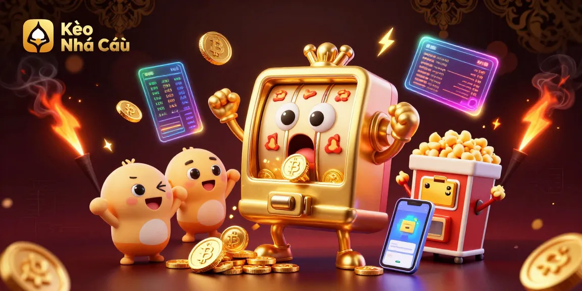 Kèo Nhà Cái showcases a cartoon slot machine hitting a jackpot amidst Bitcoin and Ethereum elements.