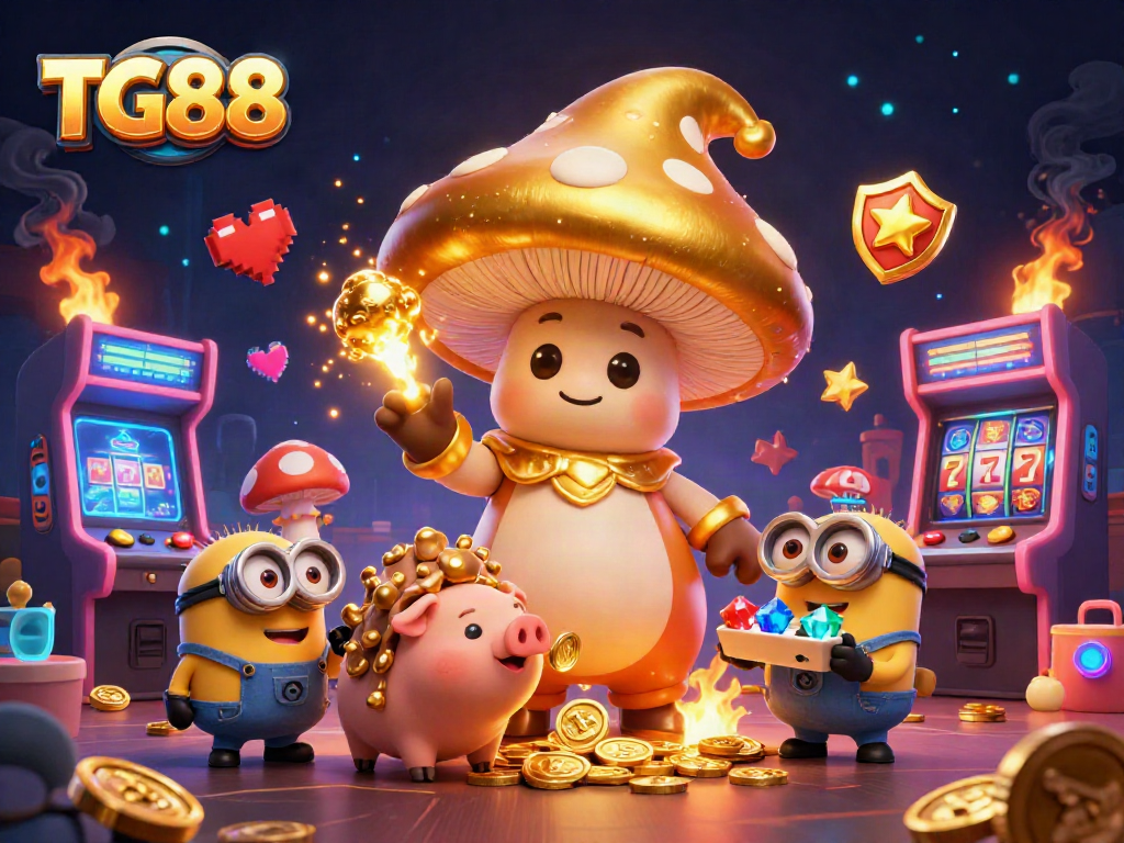 Spin and win with TG88 in this vibrant casino-themed illustration filled with treasures.