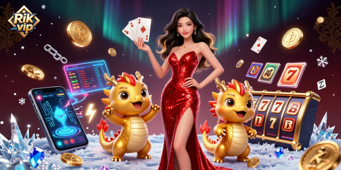 Play exciting casino games with Rik vip, featuring an Asian woman in stunning attire surrounded by slot elements.