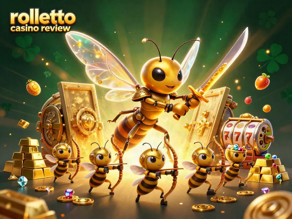 Experience the rolletto casino review with an ultra-detailed 3D illustration showcasing a golden hornet and treasure elements.