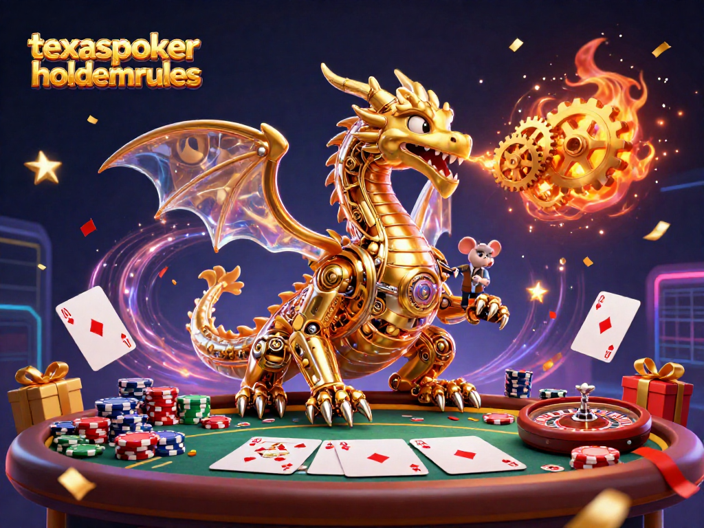 Experience strategic gameplay with texaspokerholdemrules as a golden dragon breathes gears near poker elements.