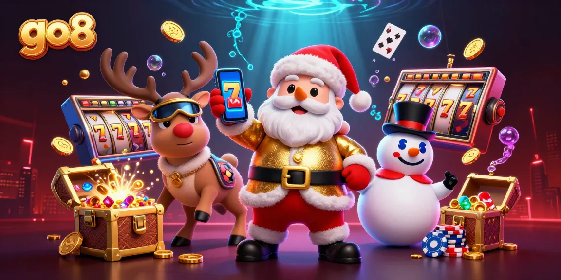 Experience thrilling action with go8's exciting slots and characters in a vibrant casino scene.