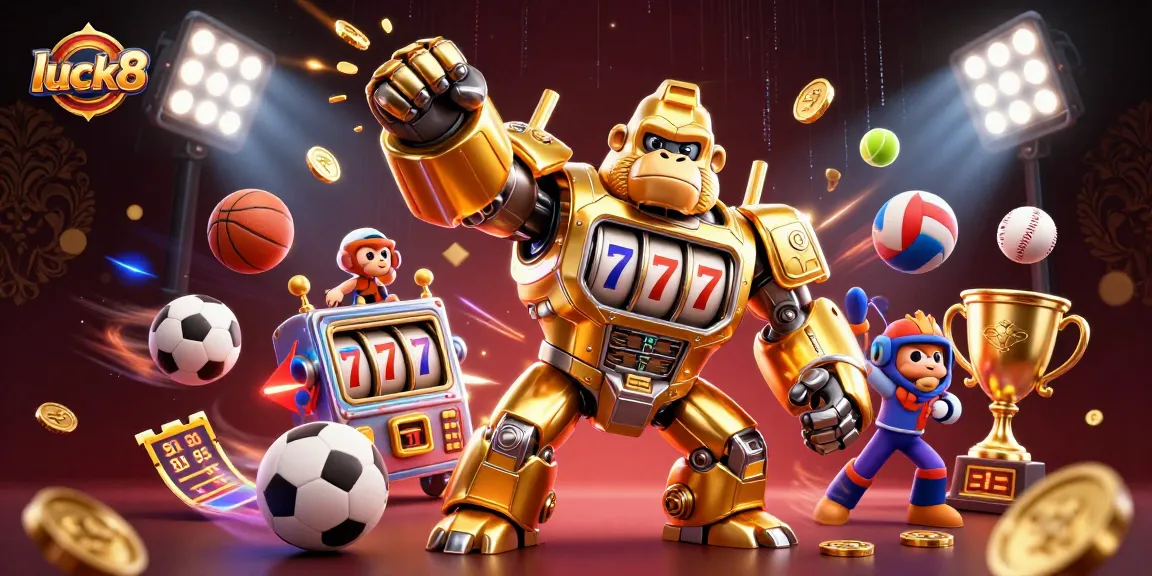 Experience thrilling games at luck8 with a dynamic transformer gorilla mech surrounded by sports elements and gold coins.