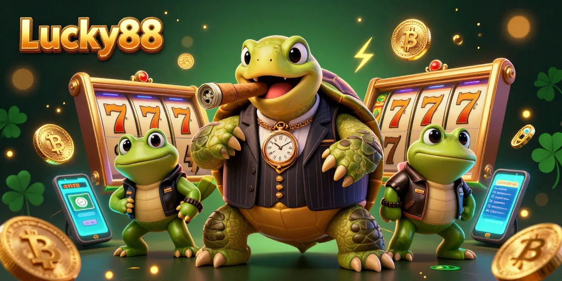 Experience the thrill of Lucky88 with a dynamic casino scene featuring a snapping turtle in a mobster suit surrounded by slot reels.