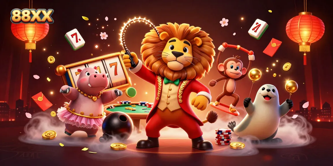 Spin the reels at 88XX casino surrounded by a vibrant 3D carnival of characters and gaming elements.
