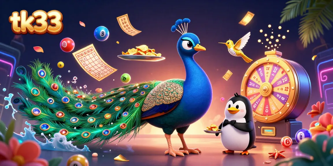 Engage in exciting gameplay with tk33 featuring a vibrant casino illustration of a peacock, penguin, and hummingbird.