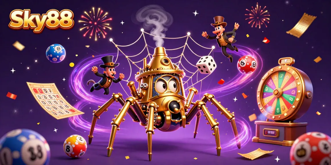 Engage with Sky88 in a vibrant casino world filled with games, golden elements, and excitement.