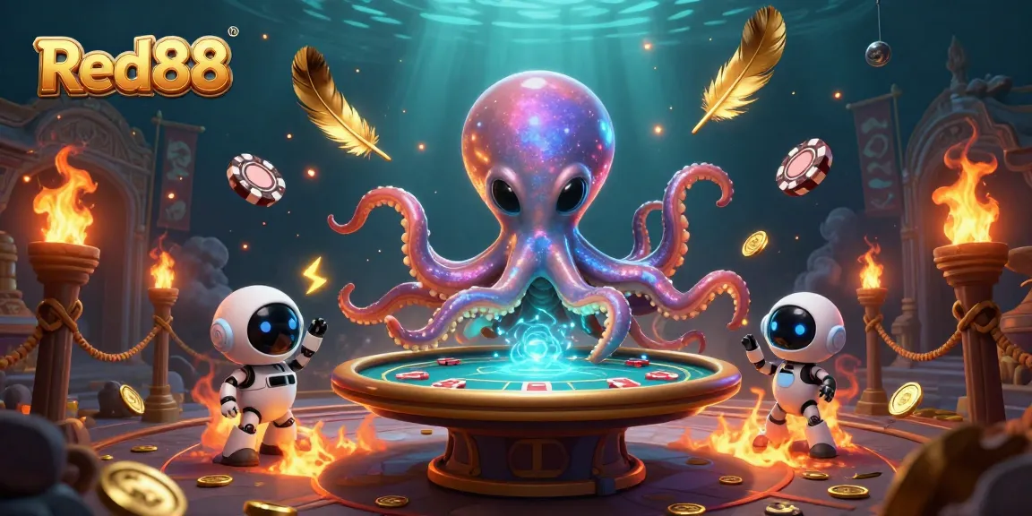 Experience dynamic poker action at Red88 with a whimsical alien octopus gaming on a holographic table.