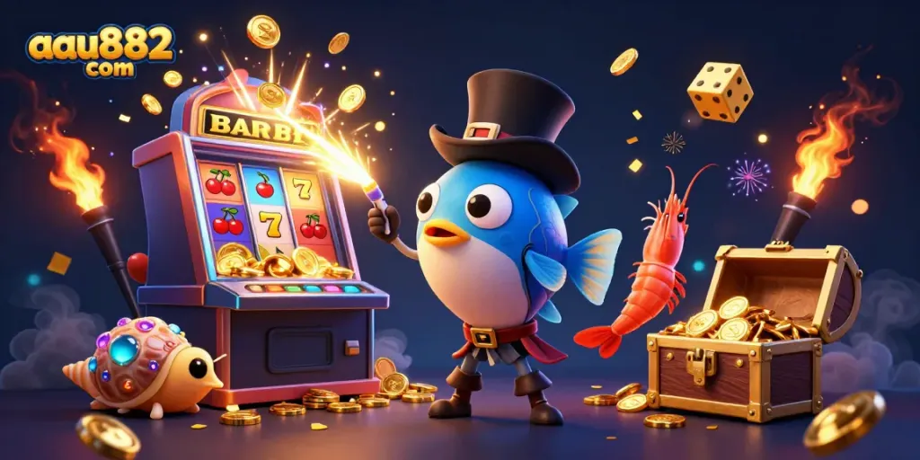 Engage with aau882 com in a vibrant casino world featuring a cartoon anglerfish, pirate shrimp, and gem snail.