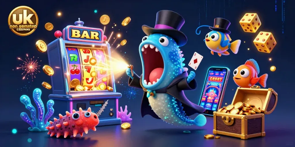 Experience thrilling action at uk non gamstop casinos with a vibrant 3D illustration showcasing exciting gaming elements.