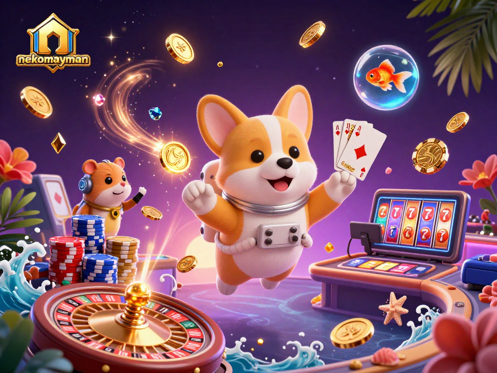 Engage with nekomayman in a dynamic 3D casino scene featuring floating corgi and golden coins.
